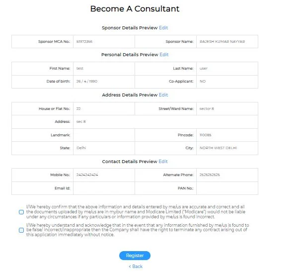 Modicare registration summary